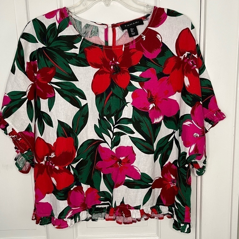Tahari Linen Blend Vibrant Tropical Floral Blouse Womens Large Ruffle Hawaiian